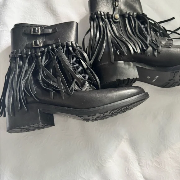 Fabianelli Italian Made Leather Black Fringe Ankle Booties with Buckle Accents - Picture 4 of 13